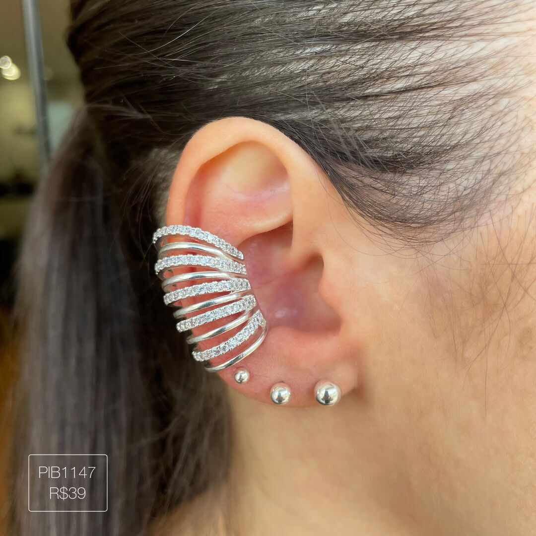 Piercing Fake 10 Fios Cravejados/Lisos Intercalados Cristal Prateado